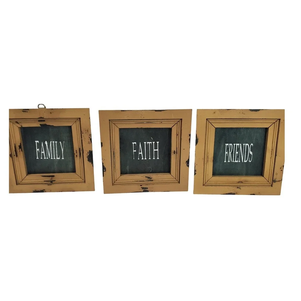 Farmhouse Wood Wall Art Set 3 Family Faith Friends Distressed Tan Square Signs